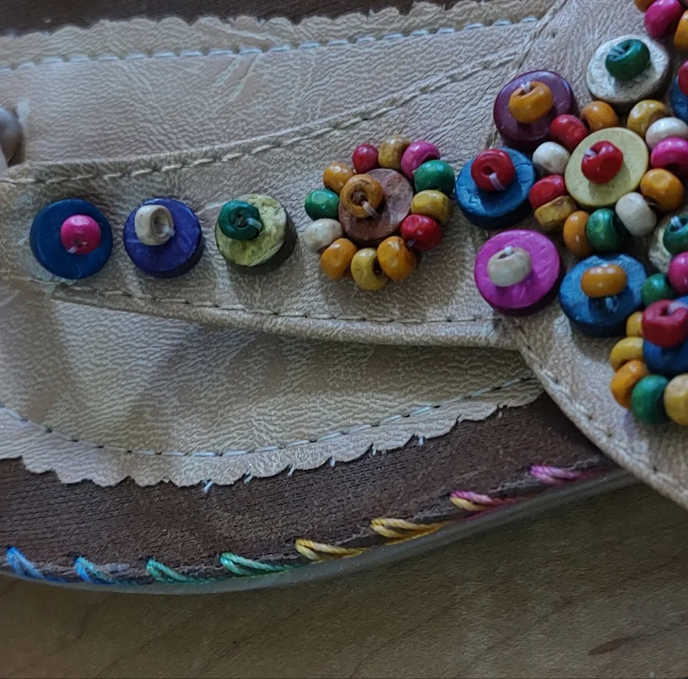 Women's Tan Wooden Beaded Thong Sandals